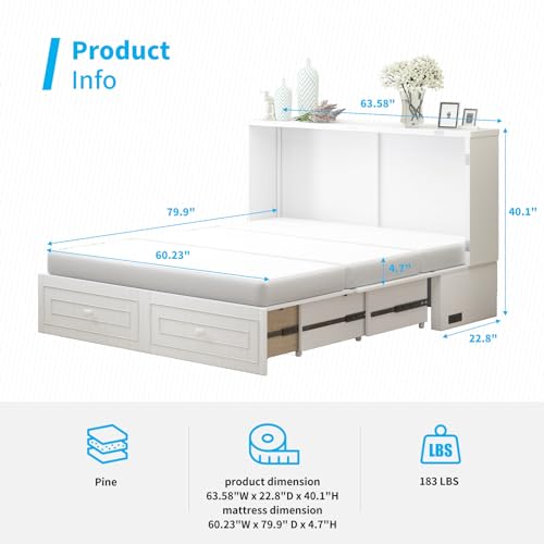 Queen Size White Murphy Bed Cabinet with USB Charging Station H88631
