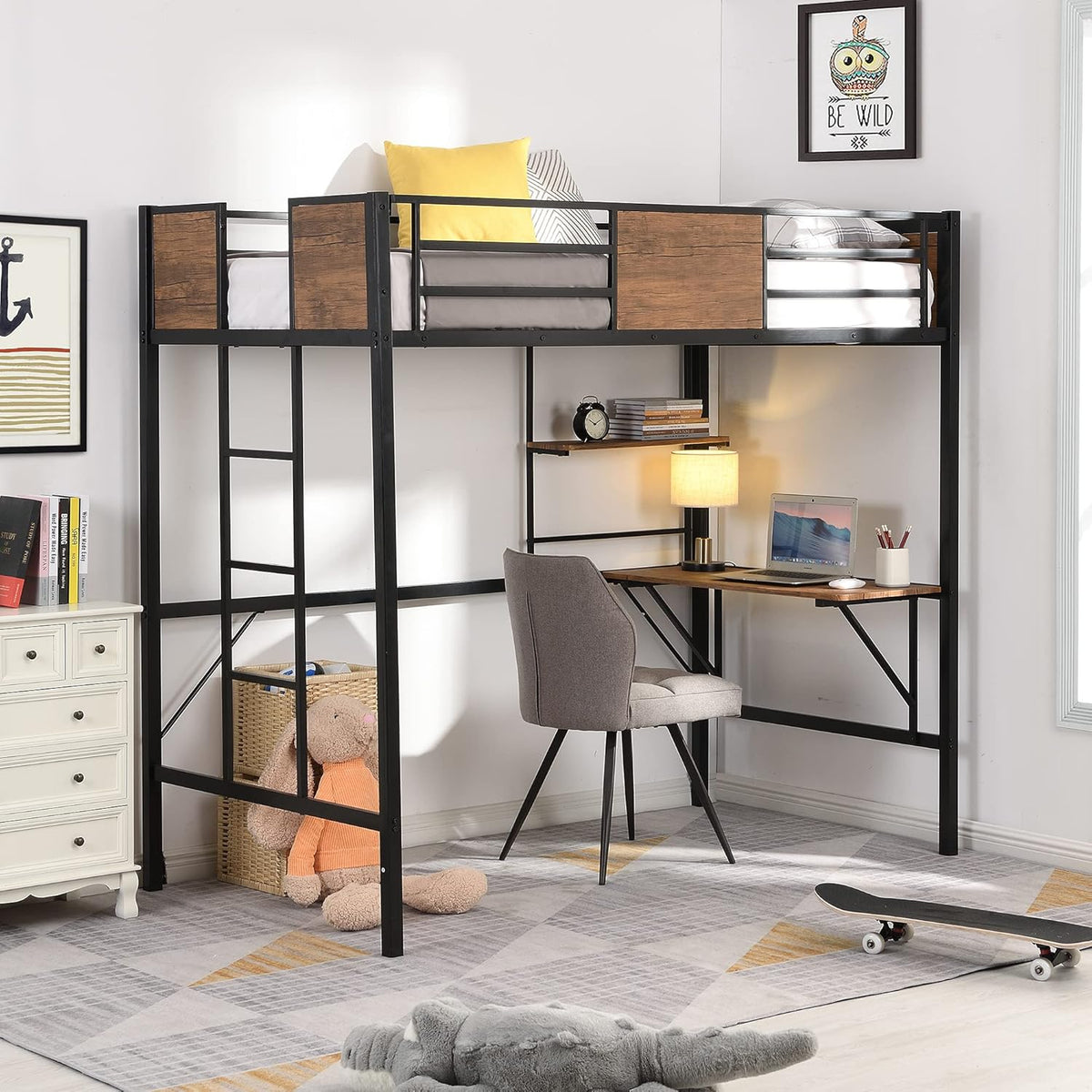 Twin Size Low Loft Bed with Slide, Storage Staircase, Safety Guardrails, Solid Pine Wood Bedframe, White F98576