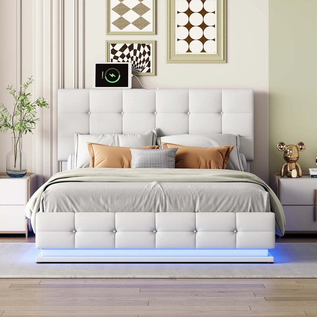 White Queen Size Tufted Upholstered Platform Bed with LED Lights and USB Charger P888980