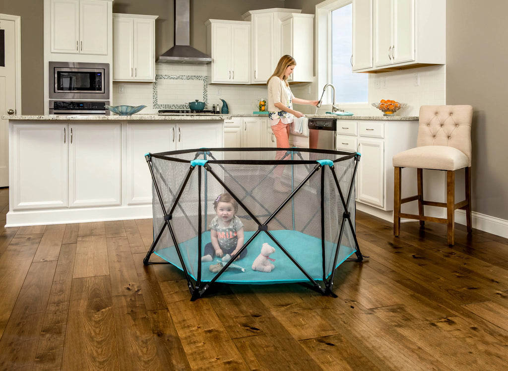 Portable Play Yard, Washable, Aqua, 6-Panel T892