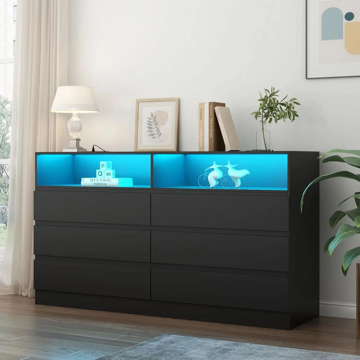 6 Drawer Double Dresser with Power Outlet and LED Light, White A889115