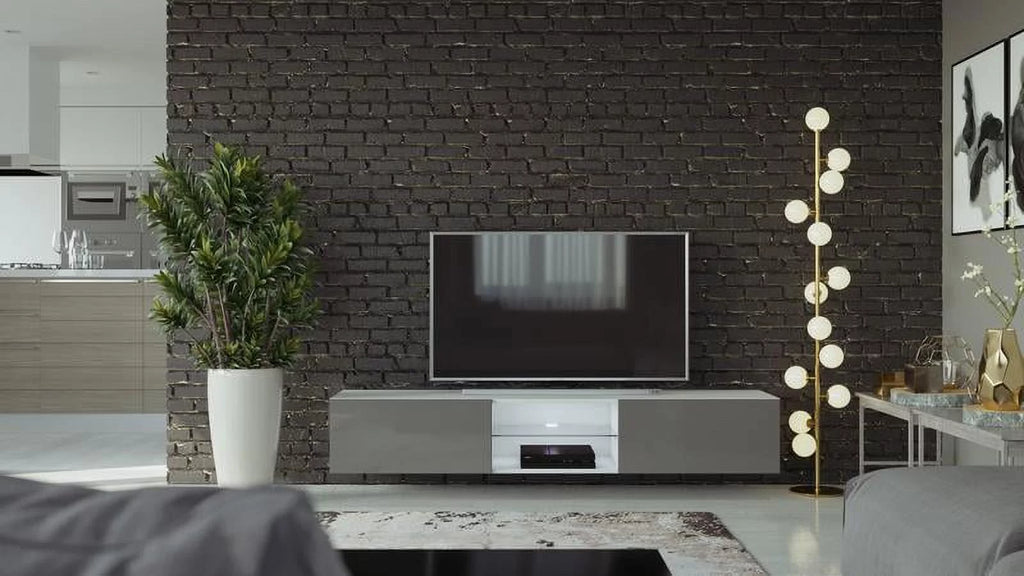White Slate Grey Glass TV Stand with LED D6026