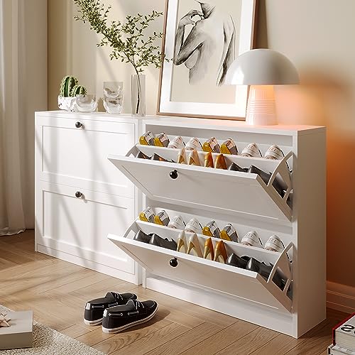 White Shoe Cabinet with 2 Flip Drawers and Adjustable Shelf Q2191