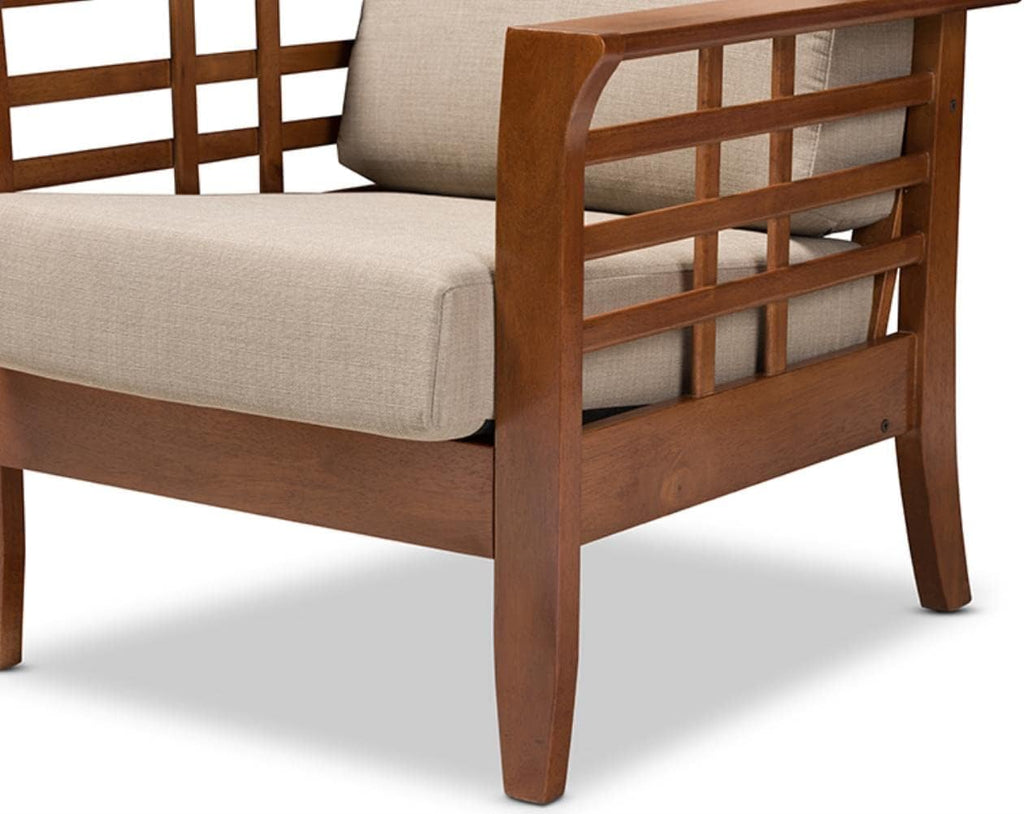 Cherry Finished Brown Wood and Dark Beige Fabric High Back 1-Seater Lounge Chair M75007