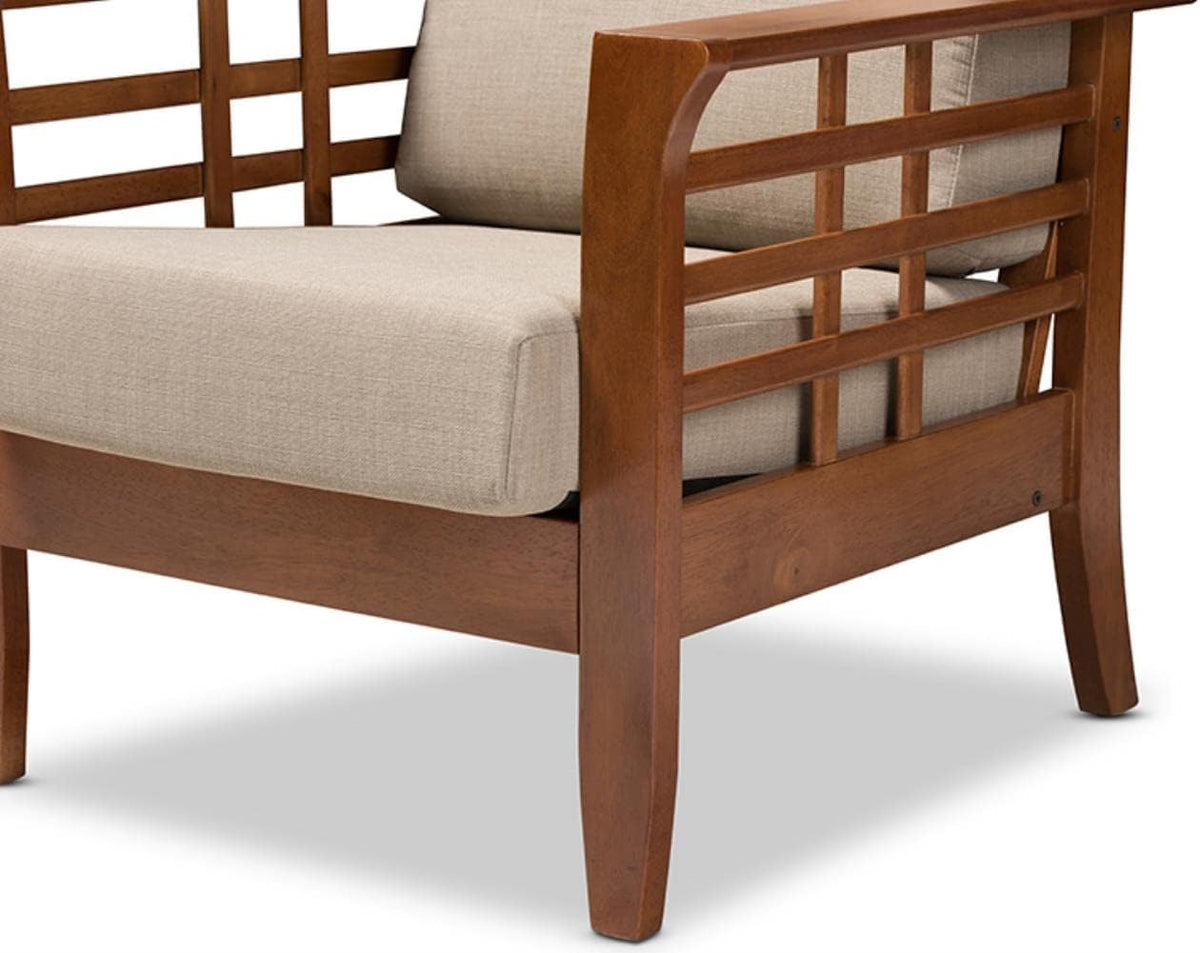 Cherry Finished Brown Wood and Dark Beige Fabric High Back 1-Seater Lounge Chair M75007