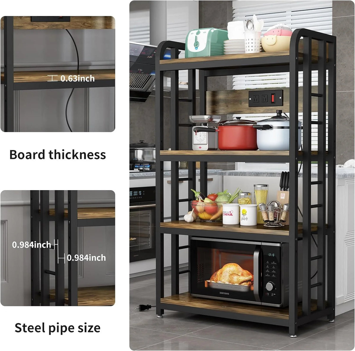 Rustic Brown 4-Tier Kitchen Baker's Rack with Power Outlet T4626