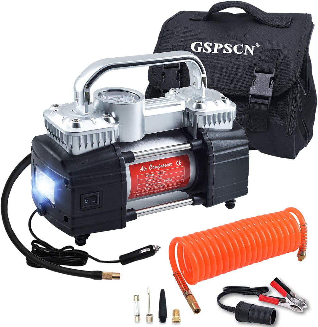 Silver Dual Cylinder 12V Portable Air Compressor Pump 150PSI with LED Work Lights U811627