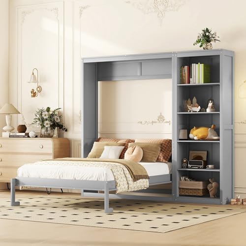 Queen Murphy Bed with Storage Bookcase Shelves, Wood Folding Grey Murphy Wall Bed Cabinet B806