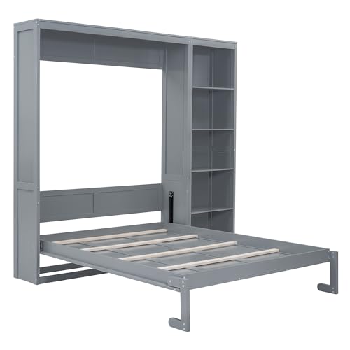 Queen Murphy Bed with Storage Bookcase Shelves, Wood Folding Grey Murphy Wall Bed Cabinet B806