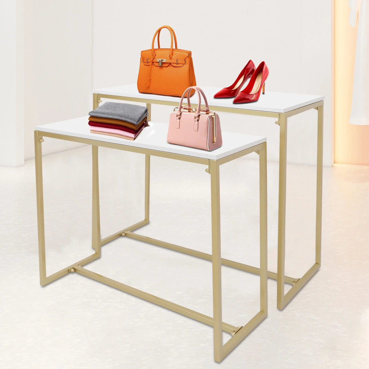 Gold Metal Nesting Tables Display Stand 2 Piece Set D618