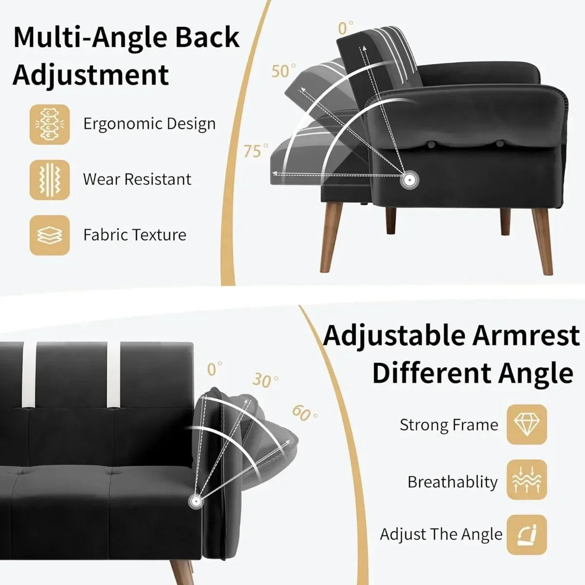 Black Velvet Sofa Bed with Adjustable Armrests I88123