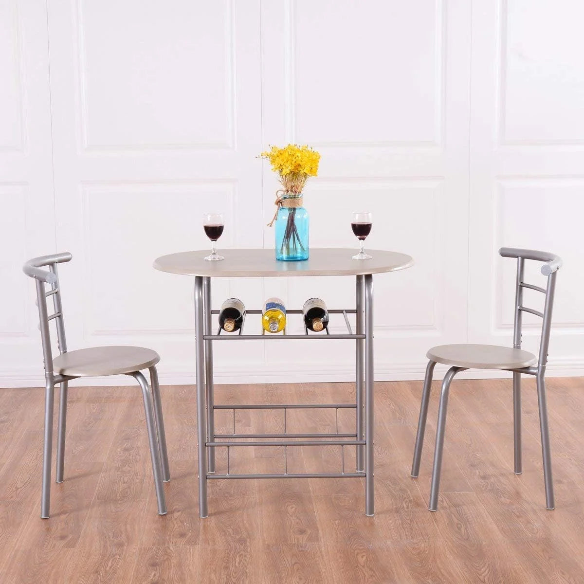 3 Piece Dining Table & Chair Set with Wine Rack Storage Shelf V391