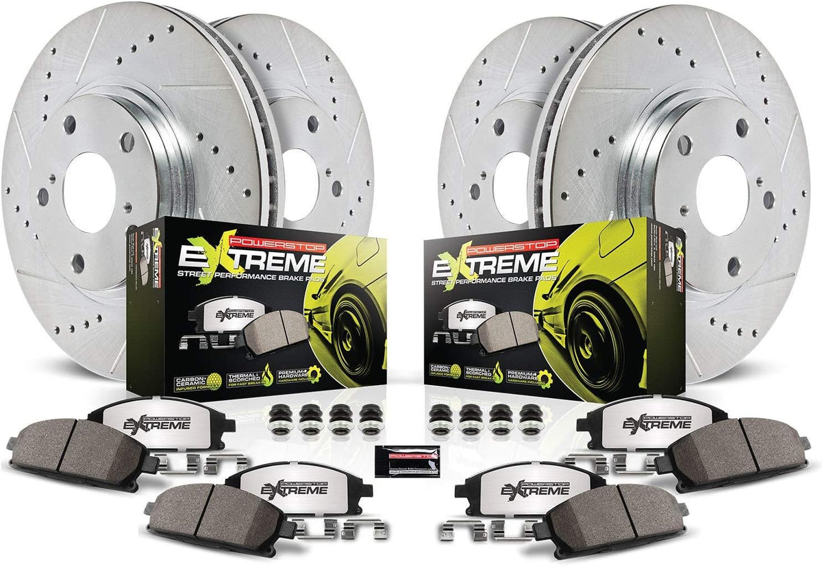 Front and Rear Carbon Fiber Brake Pads with Drilled & Slotted Brake Rotors Kit F132690
