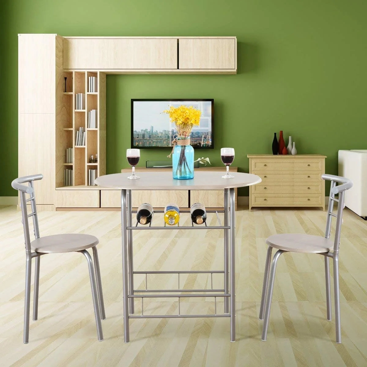 3 Piece Dining Table & Chair Set with Wine Rack Storage Shelf V391