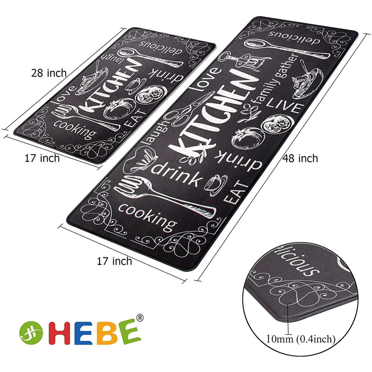 Anti Fatigue Kitchen Rug Mats Set of 2 Waterproof Non-Slip Black G663