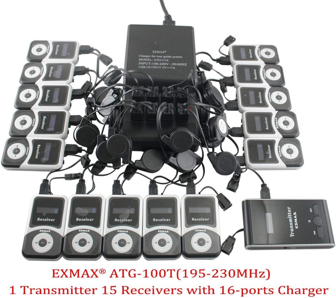 1 Transmitter 15 Receivers Wireless Tour Guide System with Charge Station E821328