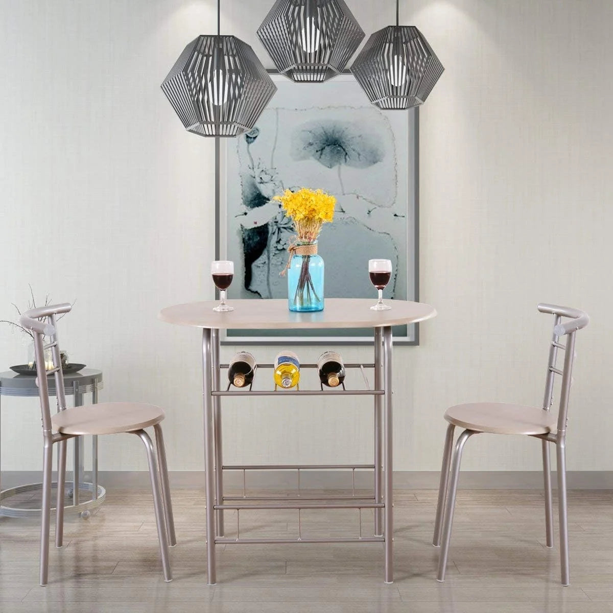 3 Piece Dining Table & Chair Set with Wine Rack Storage Shelf V391