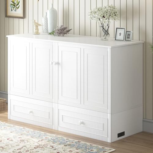 Queen Size White Murphy Bed Cabinet with USB Charging Station H88631