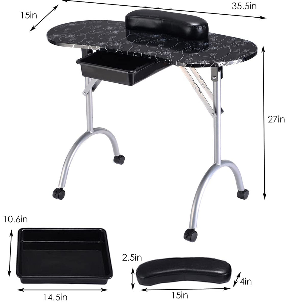 Black Portable Nail Table with Drawer and Casters S69783