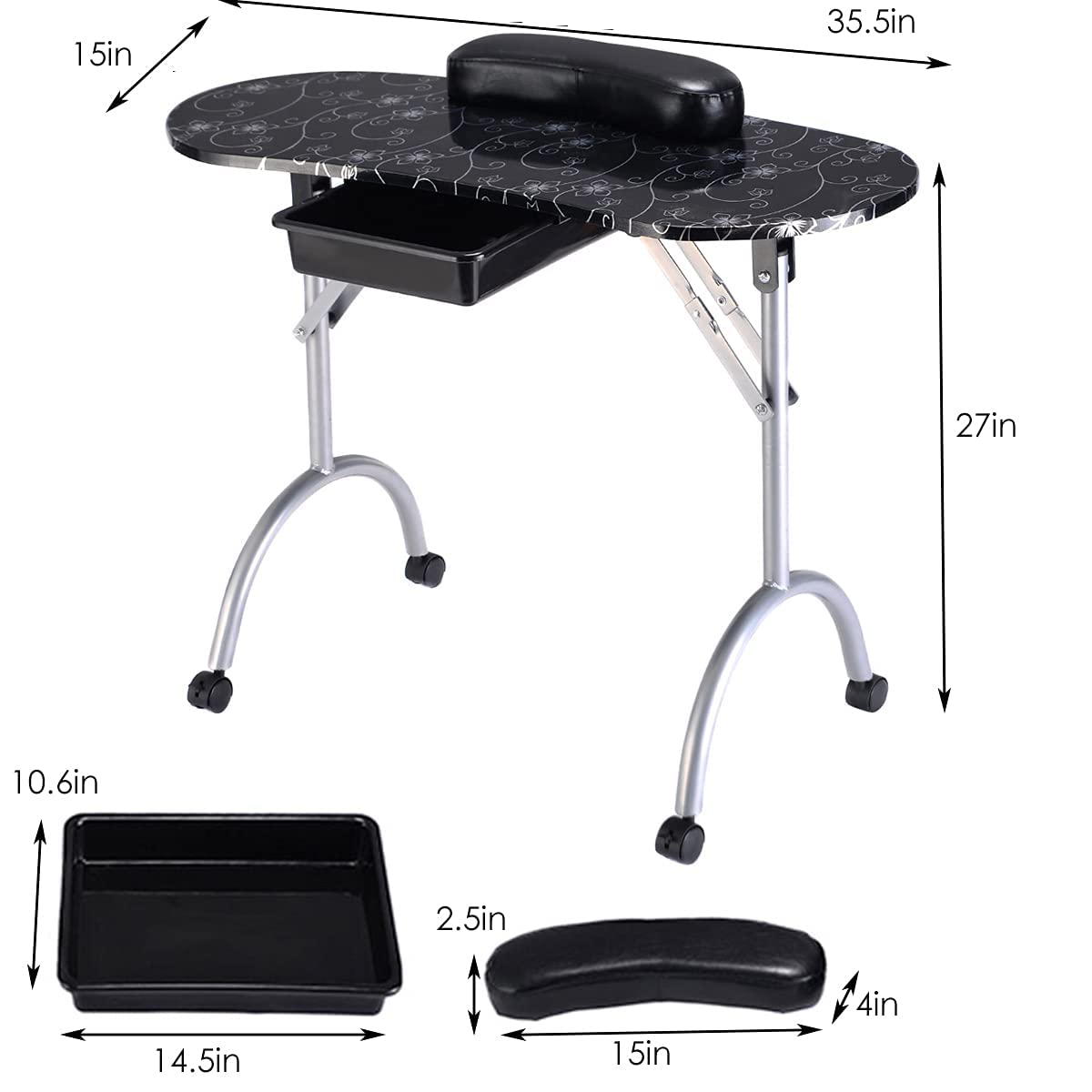 Black Portable Nail Table with Drawer and Casters S69783