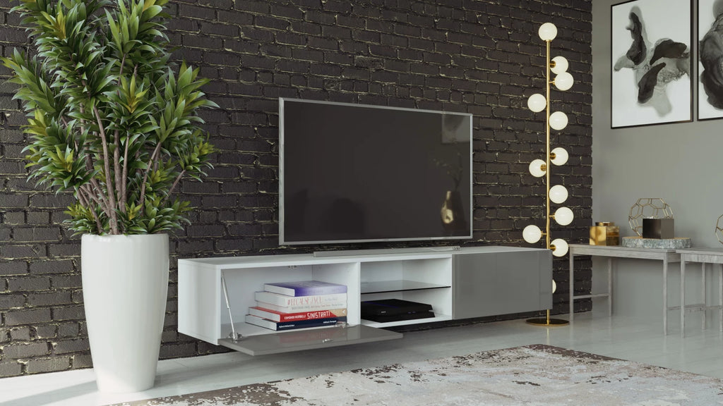 White Slate Grey Glass TV Stand with LED D6026