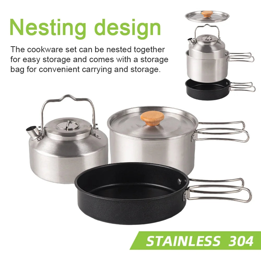 Stainless Steel Camping Cookware Set with Pot Frying Pan Kettle E568790