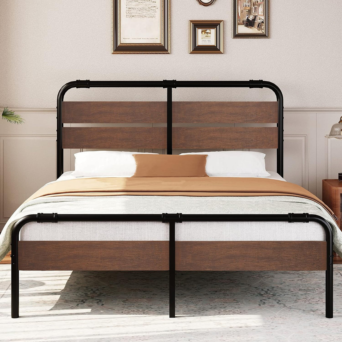 King Size Vintage Wood Headboard Platform Bed Frame B96623