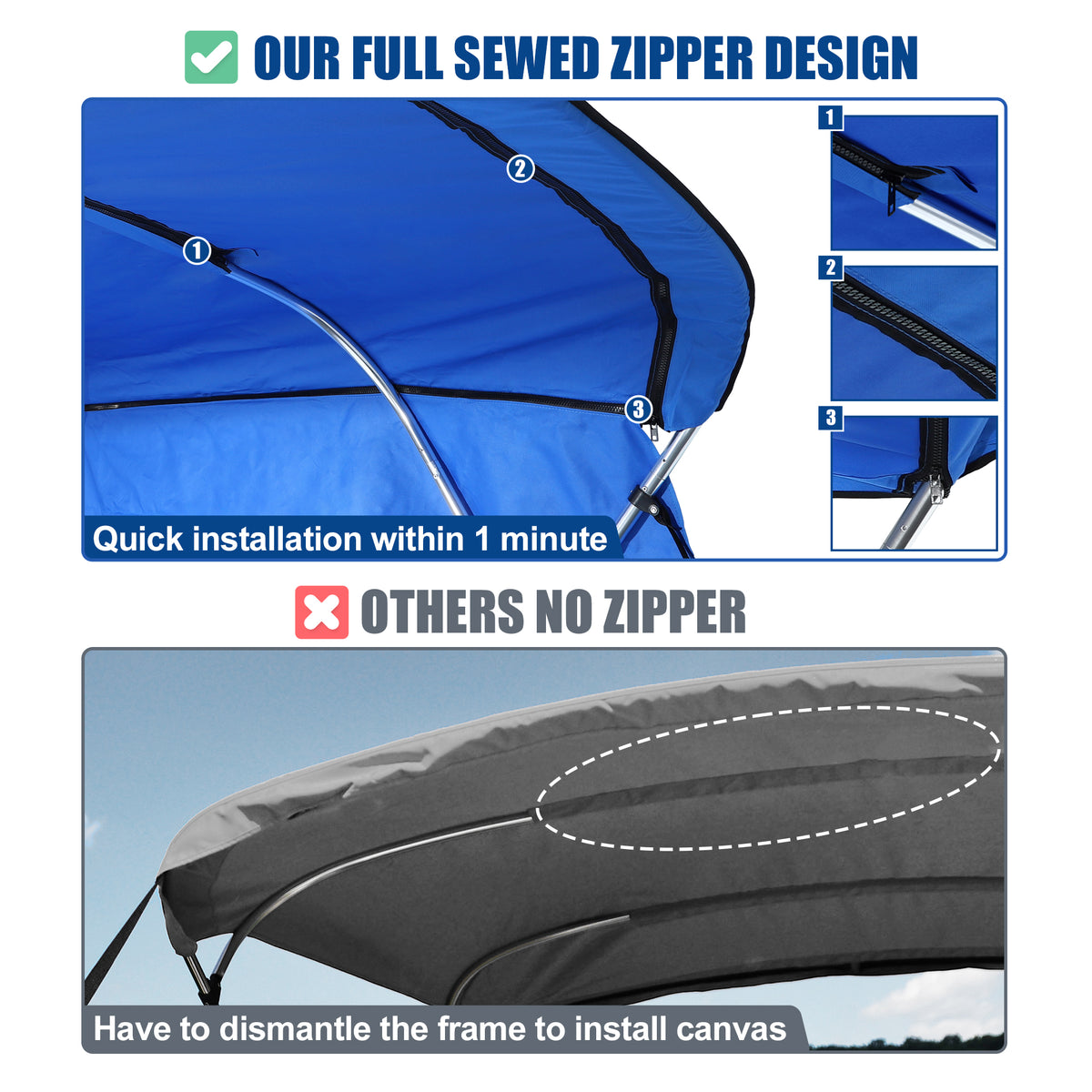 600D 3 Bow 6'L x 46"H x 67"-72"W Bimini Top Canvas Cover with Detachable Side Blocks Storage Blue O329