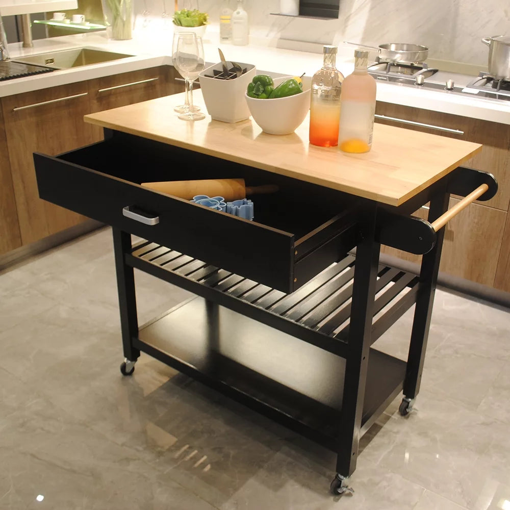 Black 3-Tier Kitchen Cart with Wheels L749