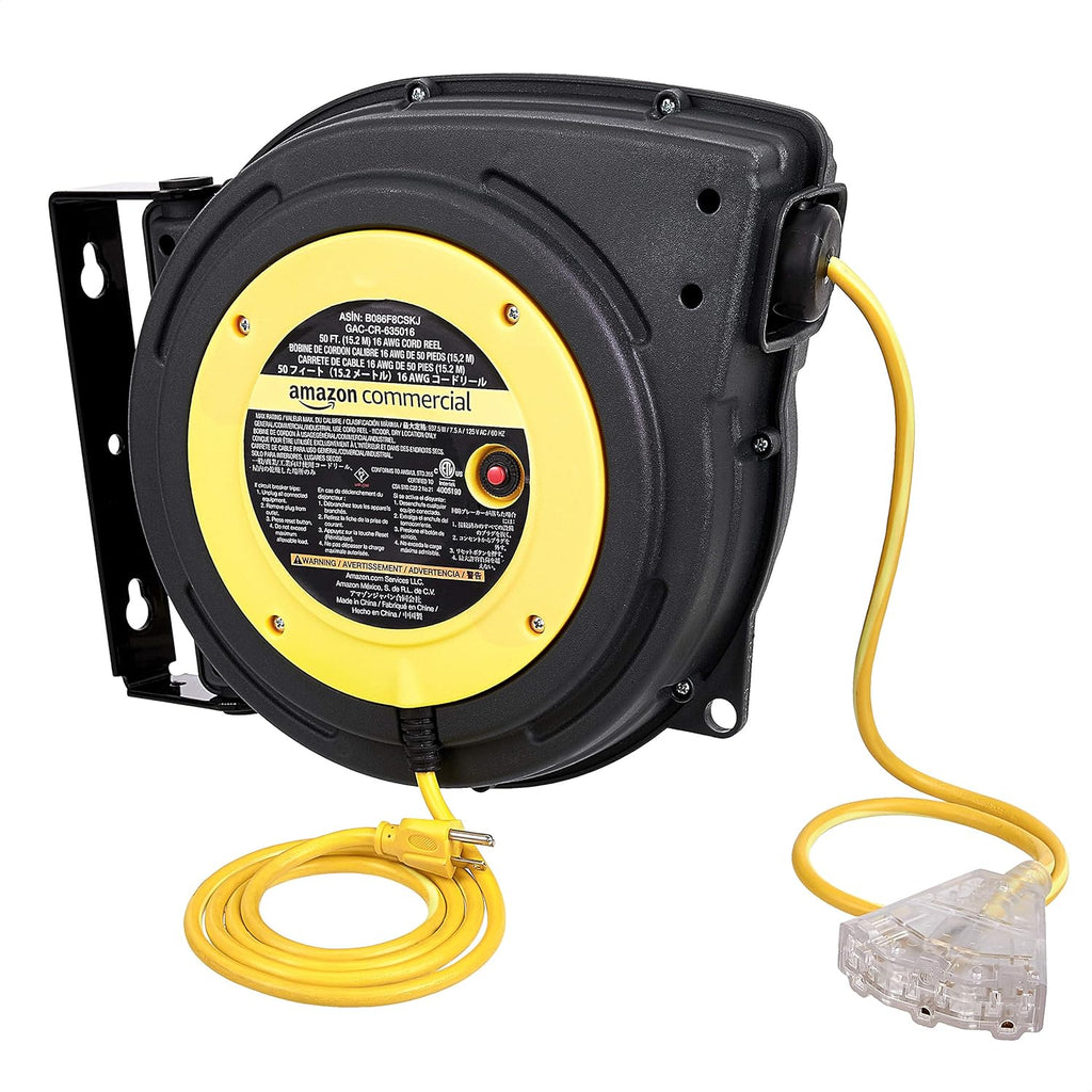 Retractable Heavy Duty 16AWG x 50' Extension Cord Reel with Glow Strip Cable and LED Light-Up Triple Tap Connector P45757