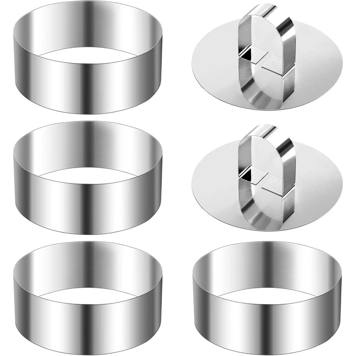 6pcs Stainless Steel Cake Ring Mold Set, 4 Rings, 2 Pusher, Round Z78712