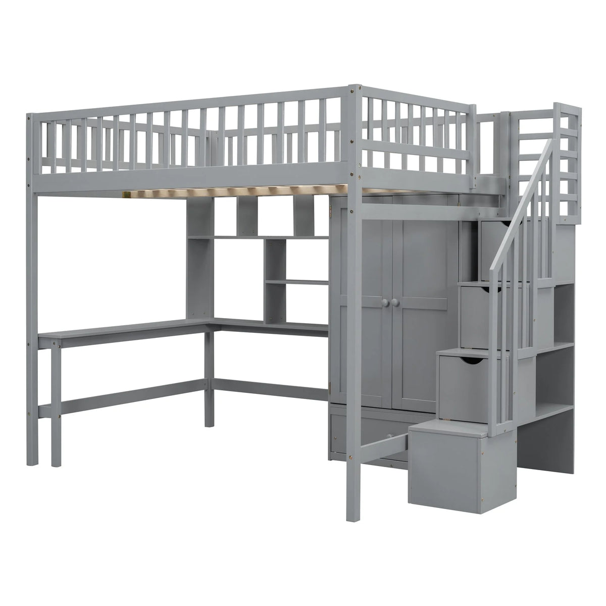 Full Size Wooden High Loft Bed with Desk Shelves Wardrobe N58725