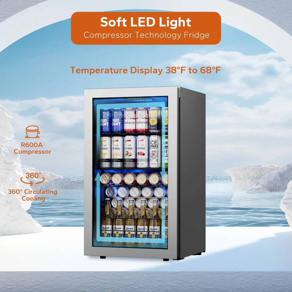 Beverage Refrigerator Cooler 102-140 Can Freestanding Mini Fridge with Glass Door F1949