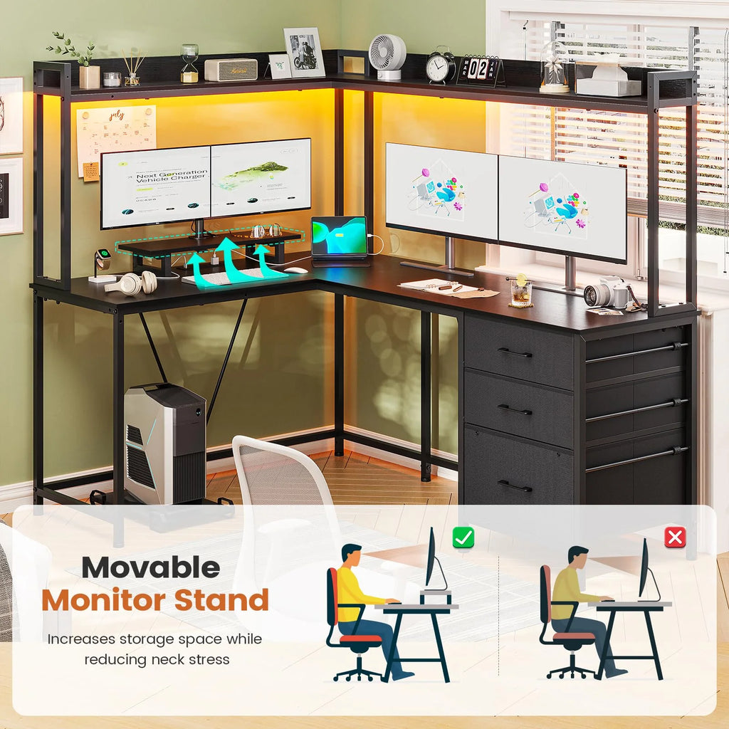 L Shaped Gaming Desk with Hutch and Drawers, Black E978