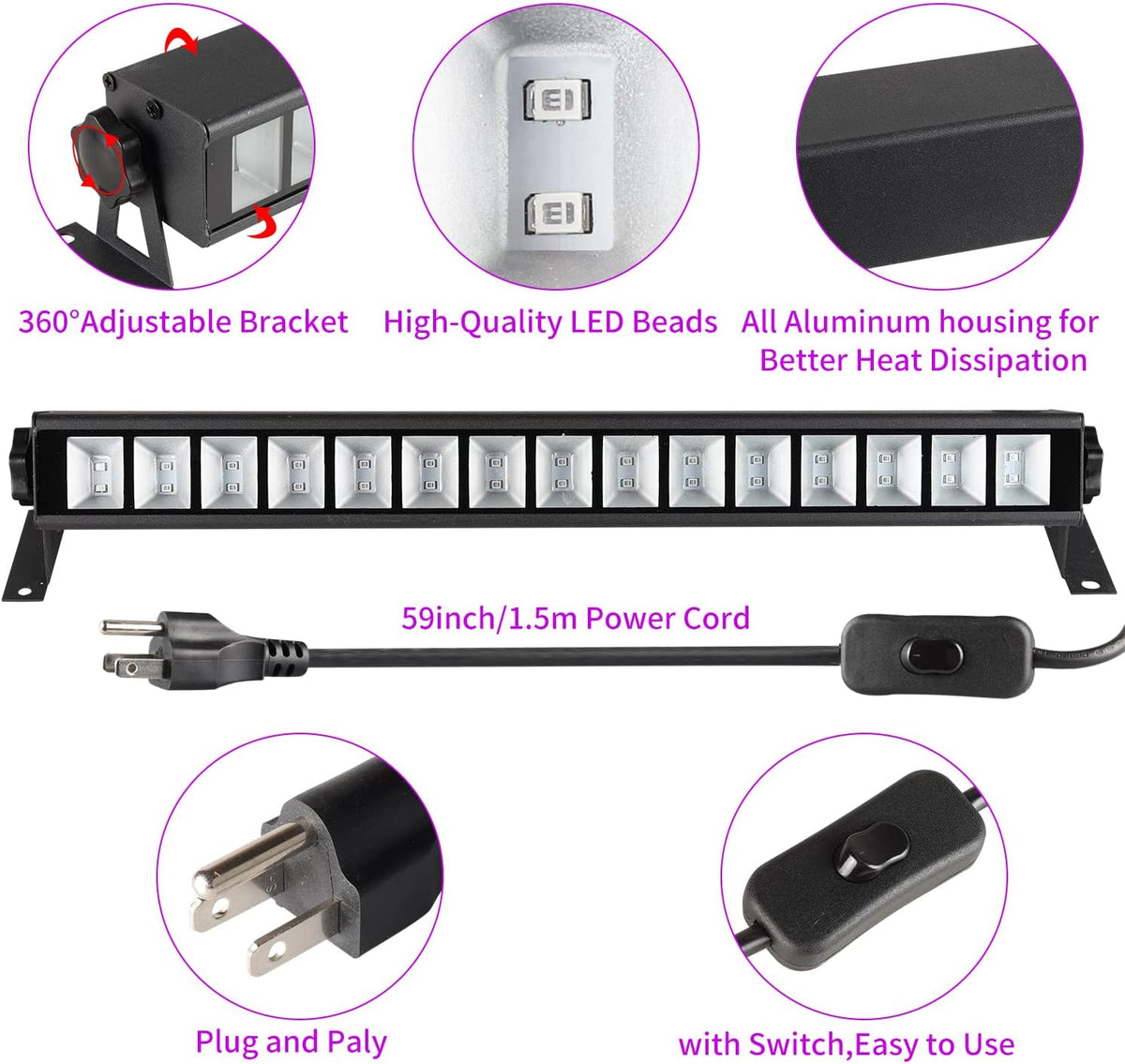 4 Pack 30W Black Light Bar with Switch, Plug and 5ft Cable T392