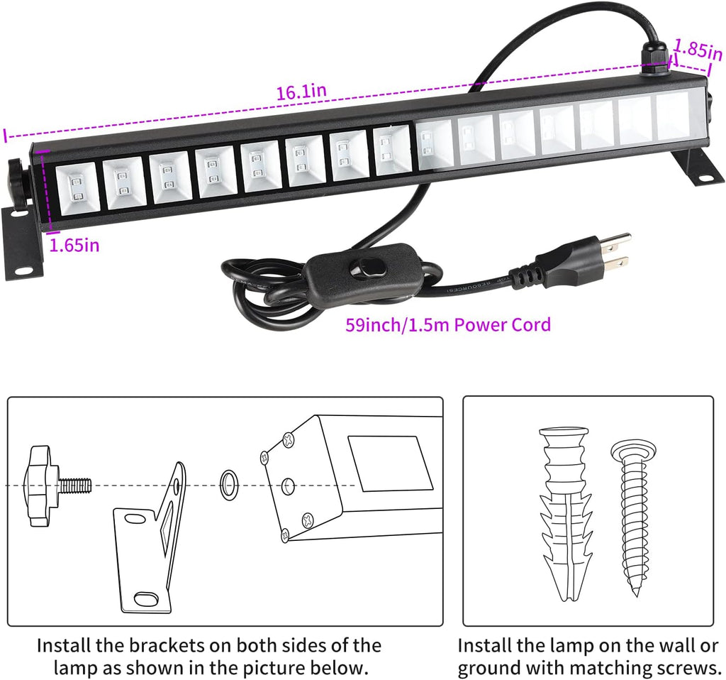 4 Pack 30W Black Light Bar with Switch, Plug and 5ft Cable T392