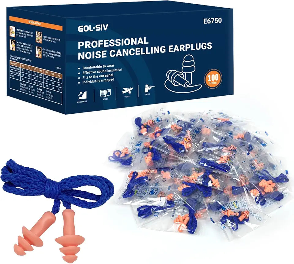 100 Pairs Silicone Corded Ear Plugs NRR 27dB Reusable Orange P422635