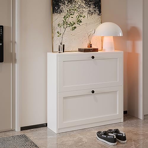 White Shoe Cabinet with 2 Flip Drawers and Adjustable Shelf Q2191
