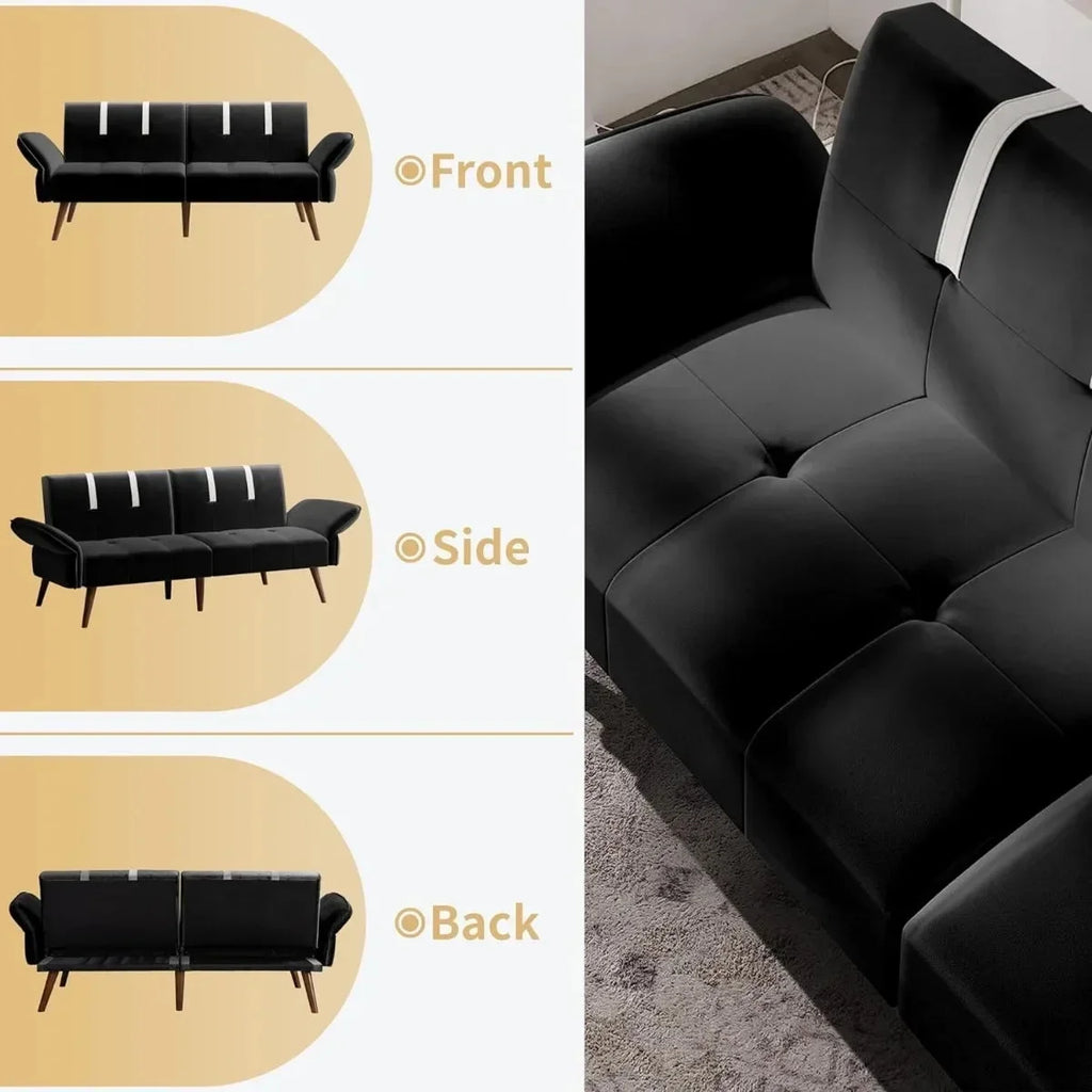 Black Velvet Sofa Bed with Adjustable Armrests I88123