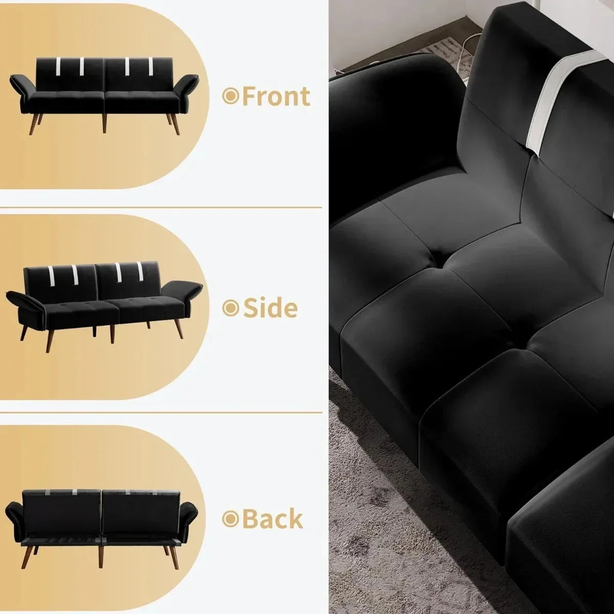 Black Velvet Sofa Bed with Adjustable Armrests I88123