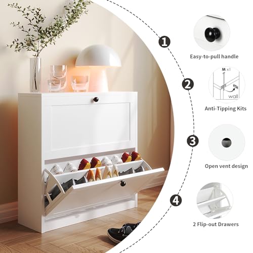 White Shoe Cabinet with 2 Flip Drawers and Adjustable Shelf Q2191