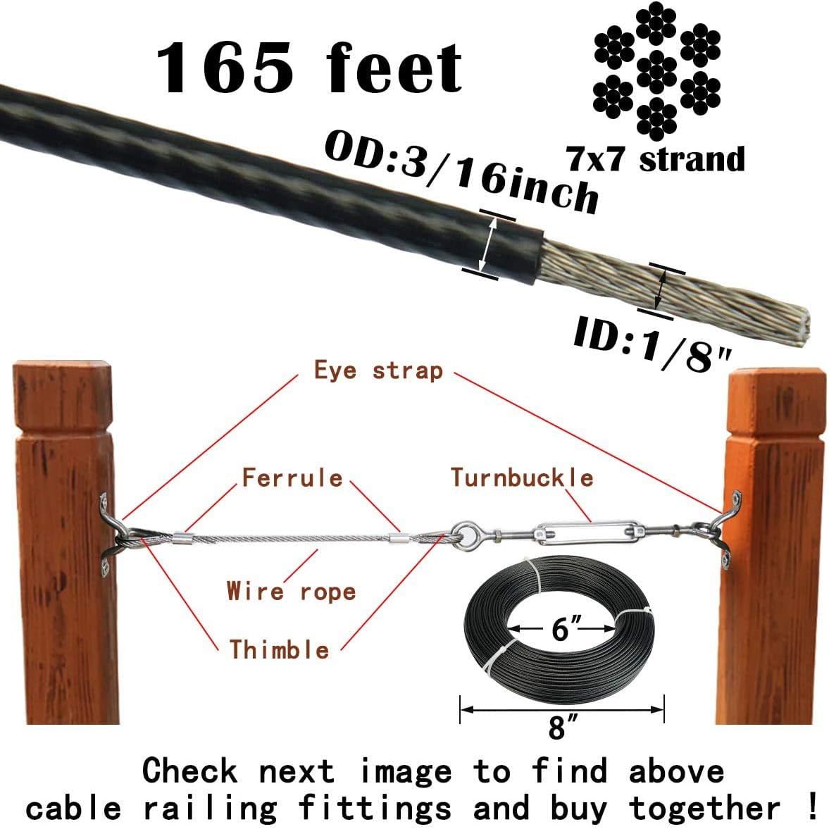 Black Vinyl Coated Stainless Steel Wire Rope 165ft 1/8 inch Thru 3/16 inch F9906