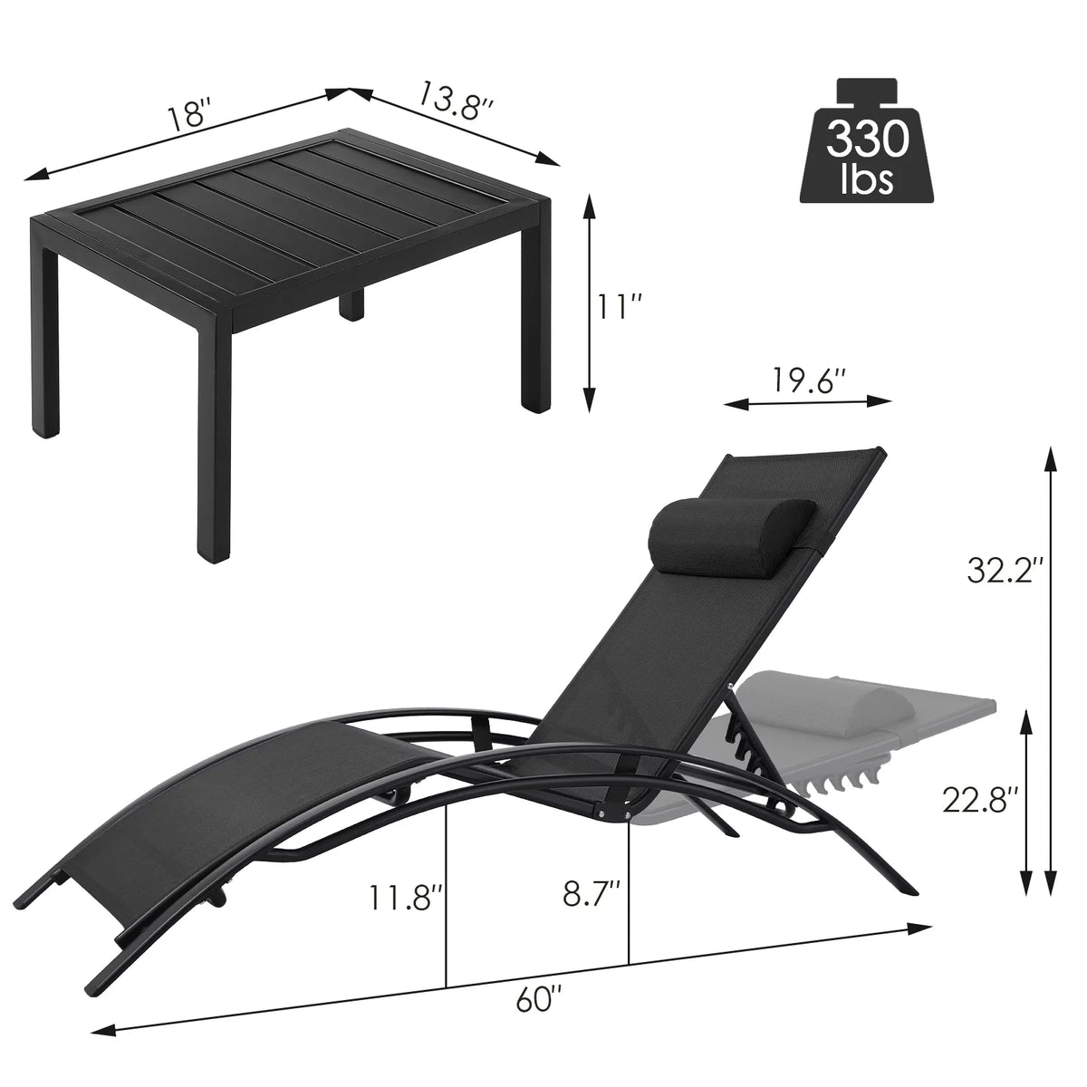 3pcs Aluminum Adjustable Chaise Lounge Chairs D376