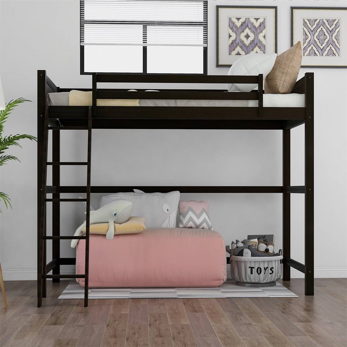 Grey Solid Wood Loft Bed with Angled Ladder Y506847