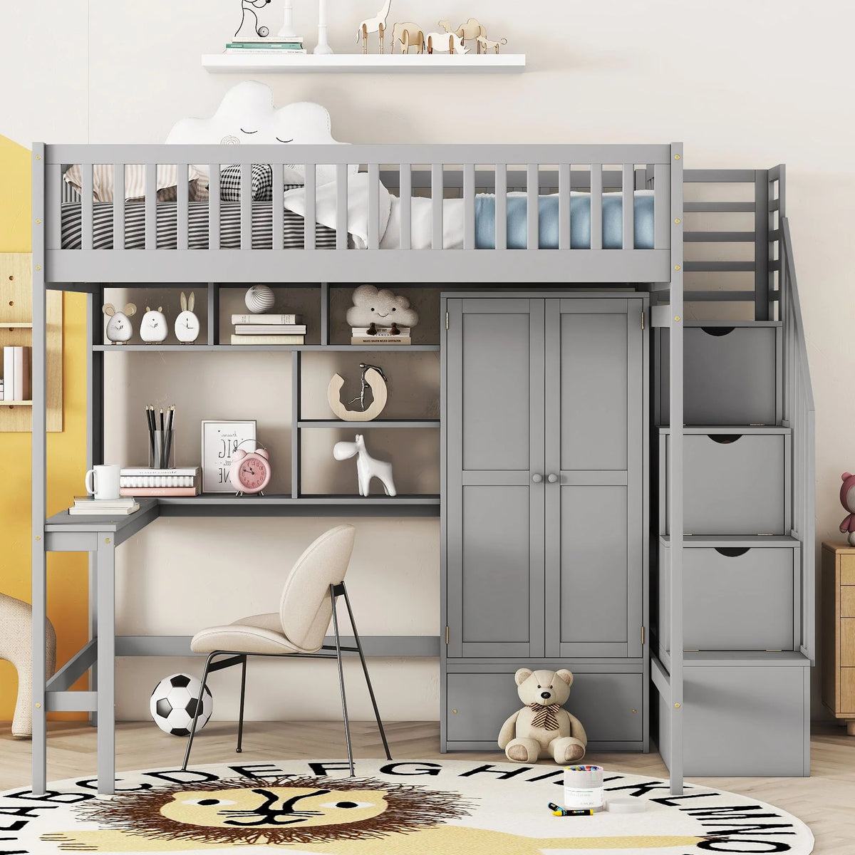 Full Size Wooden High Loft Bed with Desk Shelves Wardrobe N58725