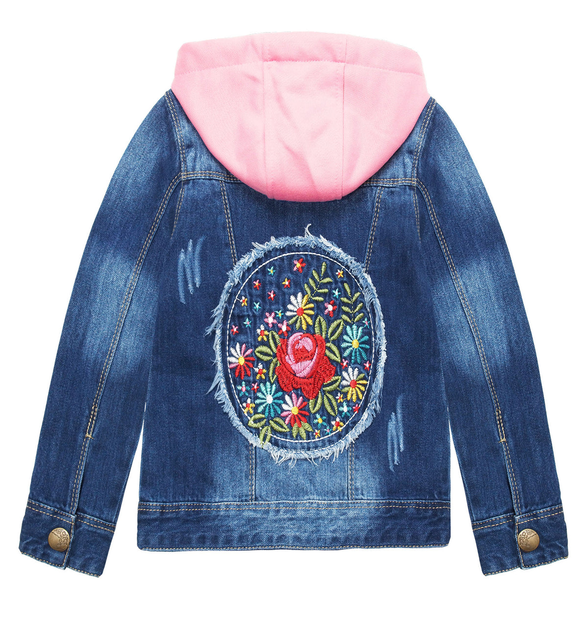 Pink Detachable Hood Flower Embroidered Jean Jacket L572