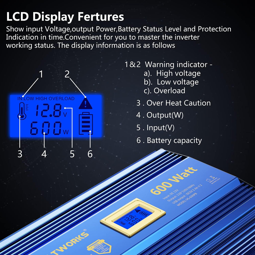 600 Watts Pure Sine Wave Power Inverter DC 12V to AC 110V 120V with USB Port & LCD Display G6110