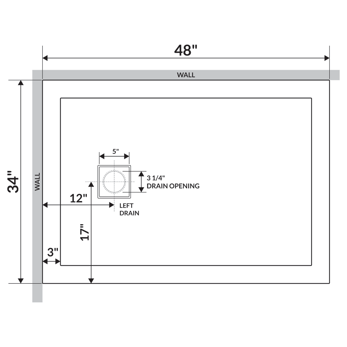48x22x34x22 Shower Base Pan Left Double Threshold Right Drain D803450