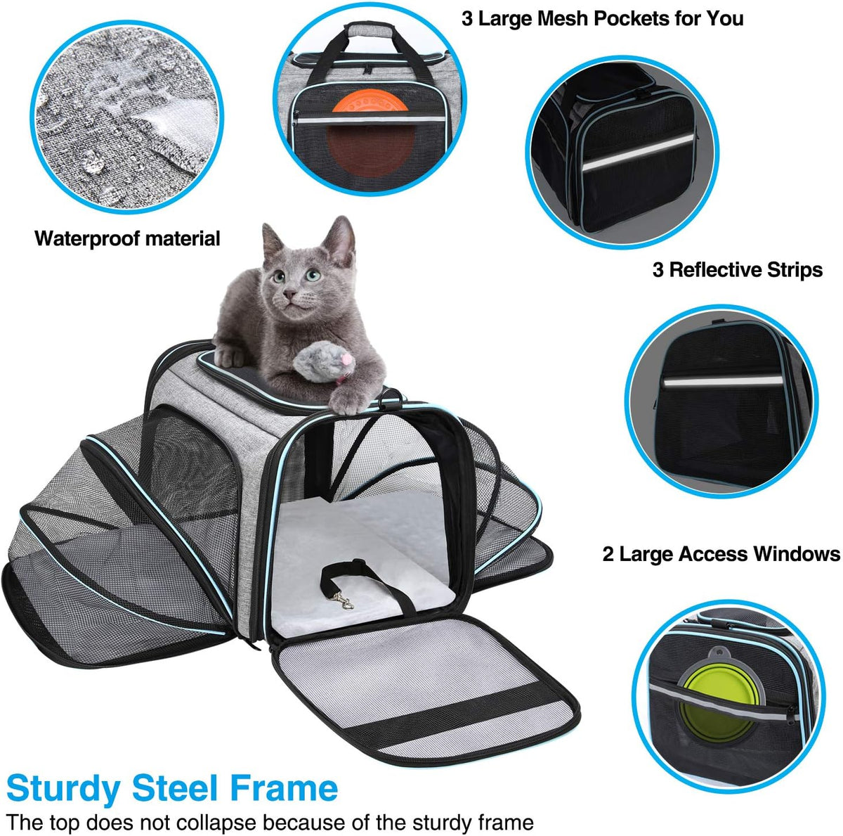 Portable Pet Carrier 2 Sides Expandable Soft-Sided Large Cats Carrier Collapsible Kennel Travel 4 Doors with Removable Pads and 3 Pockets Pack of 2 P336346