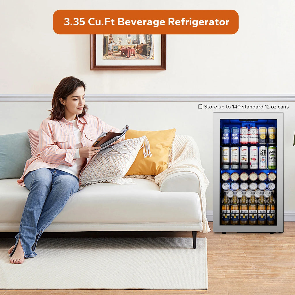 Beverage Refrigerator Cooler 102-140 Can Freestanding Mini Fridge with Glass Door F1949